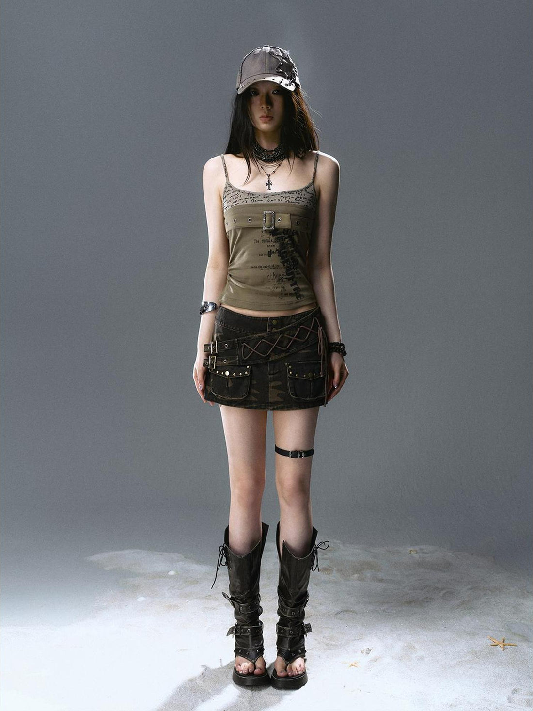 Cest Nous Military Graffiti Print Buckle Strap Sleeveless Tank Top Women