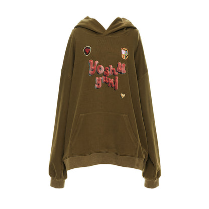 YOSHUYUKI Vintage Oversized Army Green Hoodie With Graphic Print