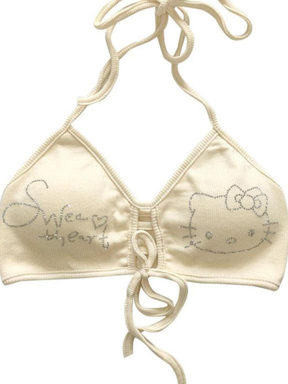 WSW WUSHENWU Milk Pudding Print Hello Kitty Rhinestone Strappy Bralette S M L
