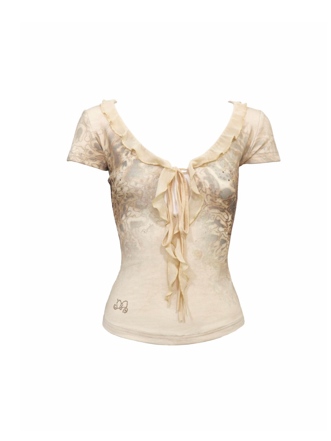 Flowers birds Market V-Neck Ribbed Tee With Leopard Print And Lace-Up Detail