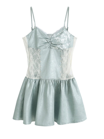 Mint Blue Satin Graffiti Lace Trim Slip Dress