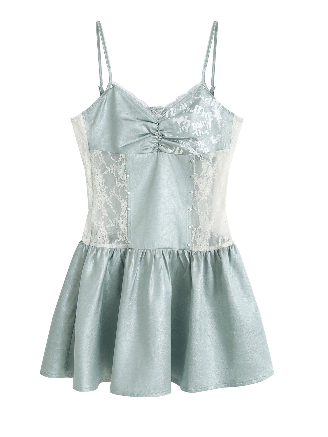 Cest Nous Mint Blue Satin Graffiti Lace Trim Slip Dress