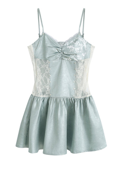 Cest Nous Mint Blue Satin Graffiti Lace Trim Slip Dress