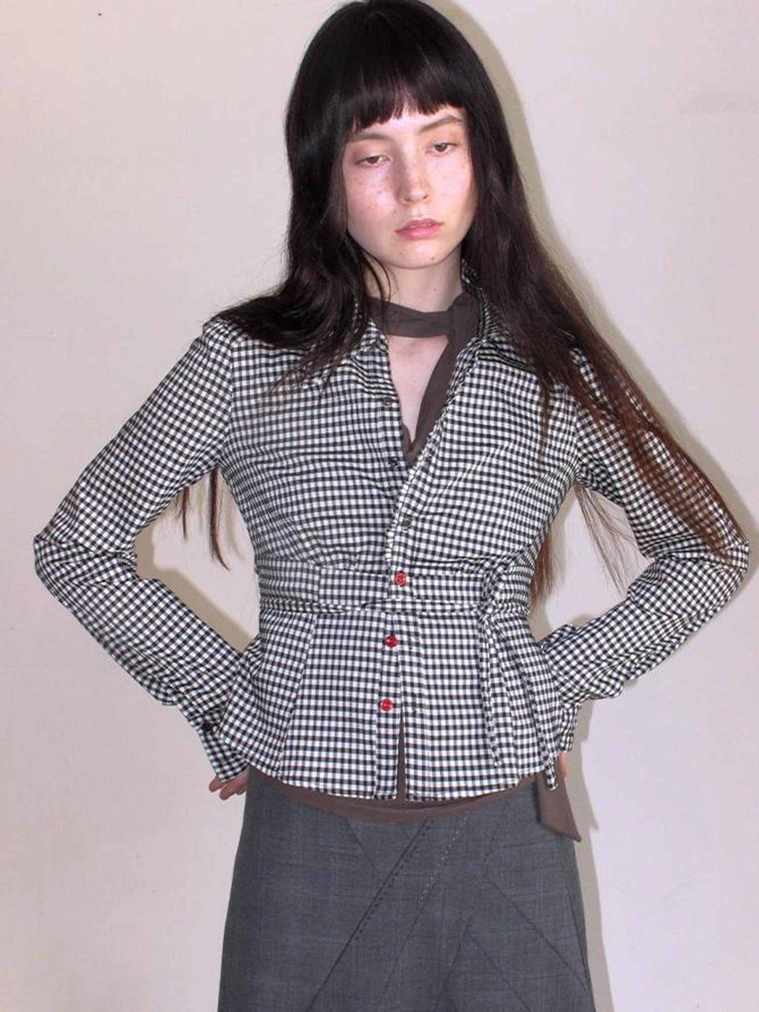 Mito de dar Acetate Checkered Button Up Tie Belt Shirt