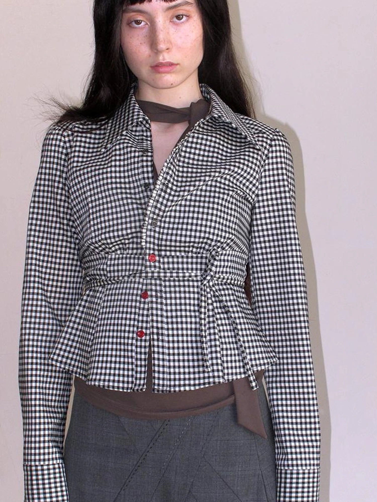 Mito de dar Acetate Checkered Button Up Tie Belt Shirt