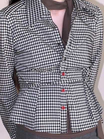 Mito de dar Acetate Checkered Button Up Tie Belt Shirt