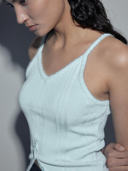 Mito de dar Backless Patchwork Slim Fit Spaghetti Strap Mist Blue Solid Wool Blend Tank Tops