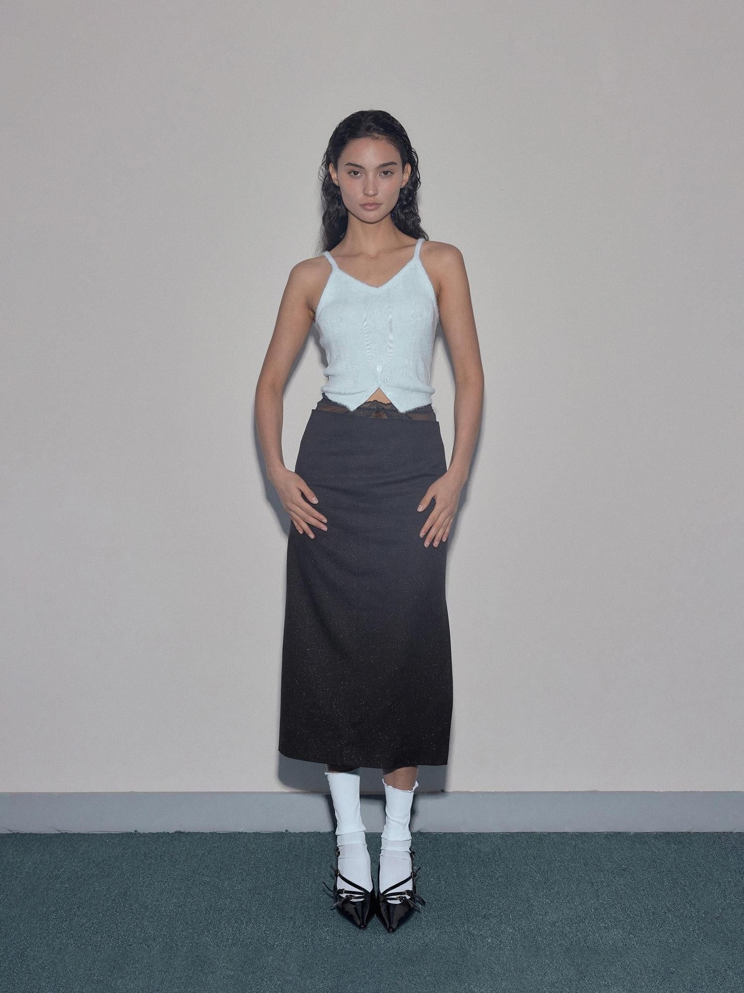 Mito de dar Backless Patchwork Slim Fit Spaghetti Strap Mist Blue Solid Wool Blend Tank Tops