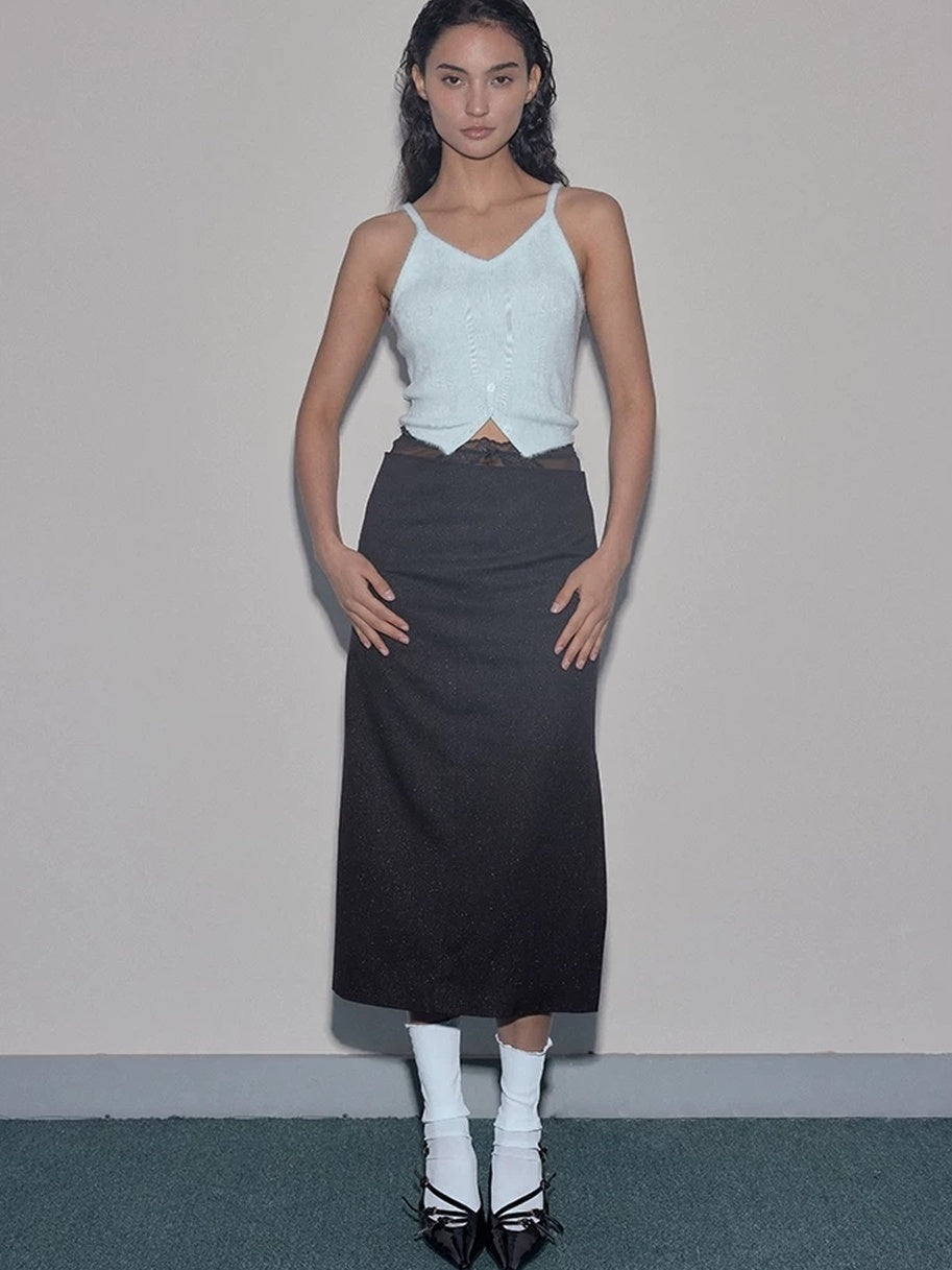 Mito de dar Backless Patchwork Slim Fit Spaghetti Strap Mist Blue Solid Wool Blend Tank Tops