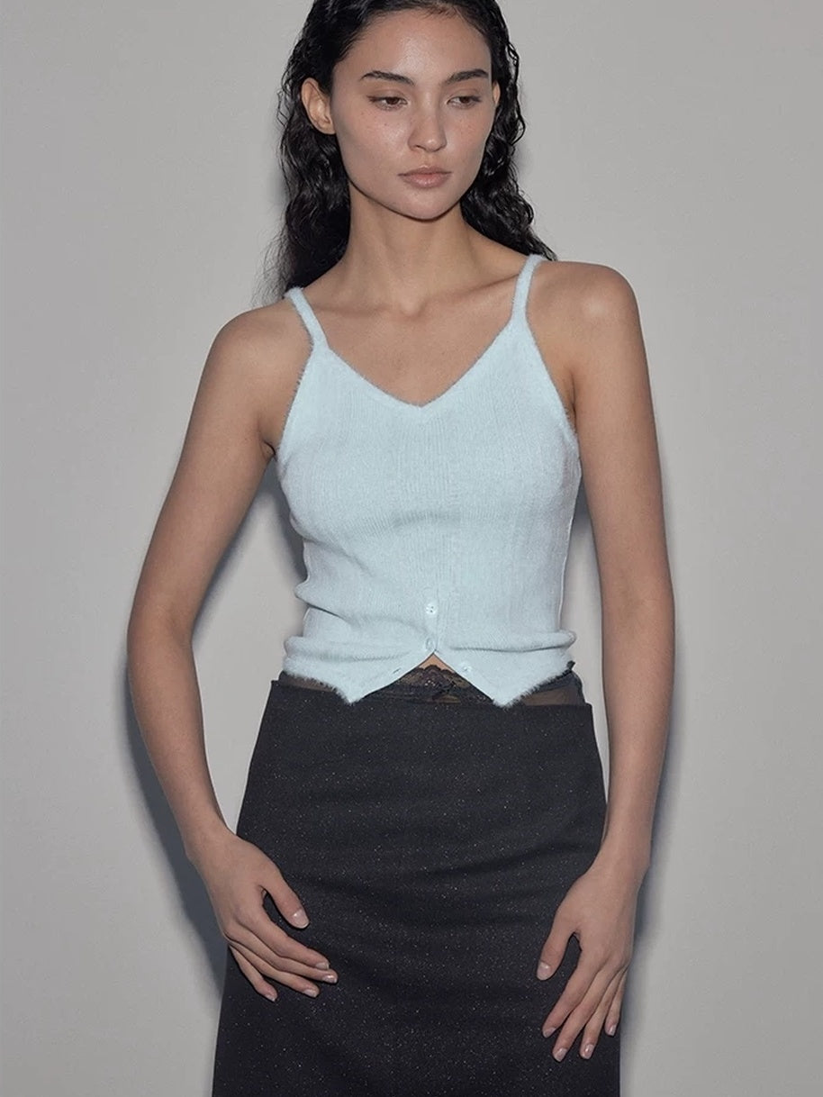 Mito de dar Backless Patchwork Slim Fit Spaghetti Strap Mist Blue Solid Wool Blend Tank Tops