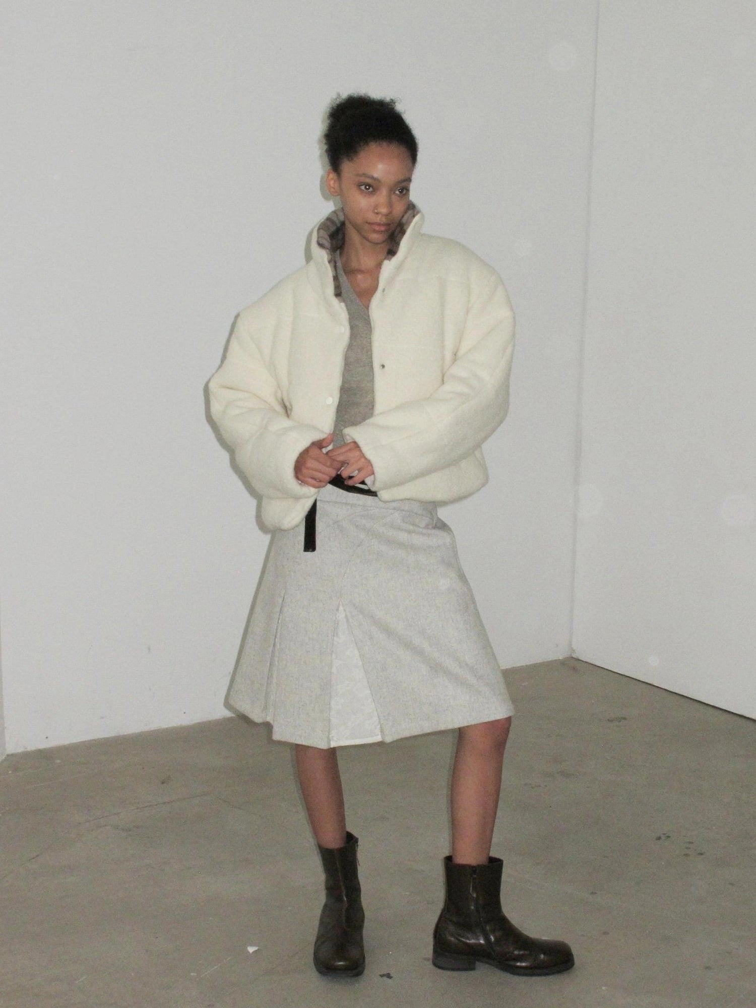 Mito de dar Brown Plaid Collar Wool Trimmed Puffer Jacket