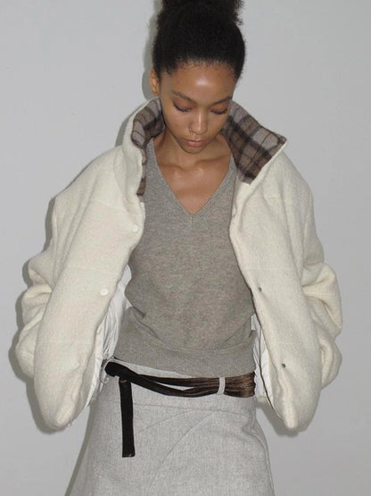 Mito de dar Brown Plaid Collar Wool Trimmed Puffer Jacket