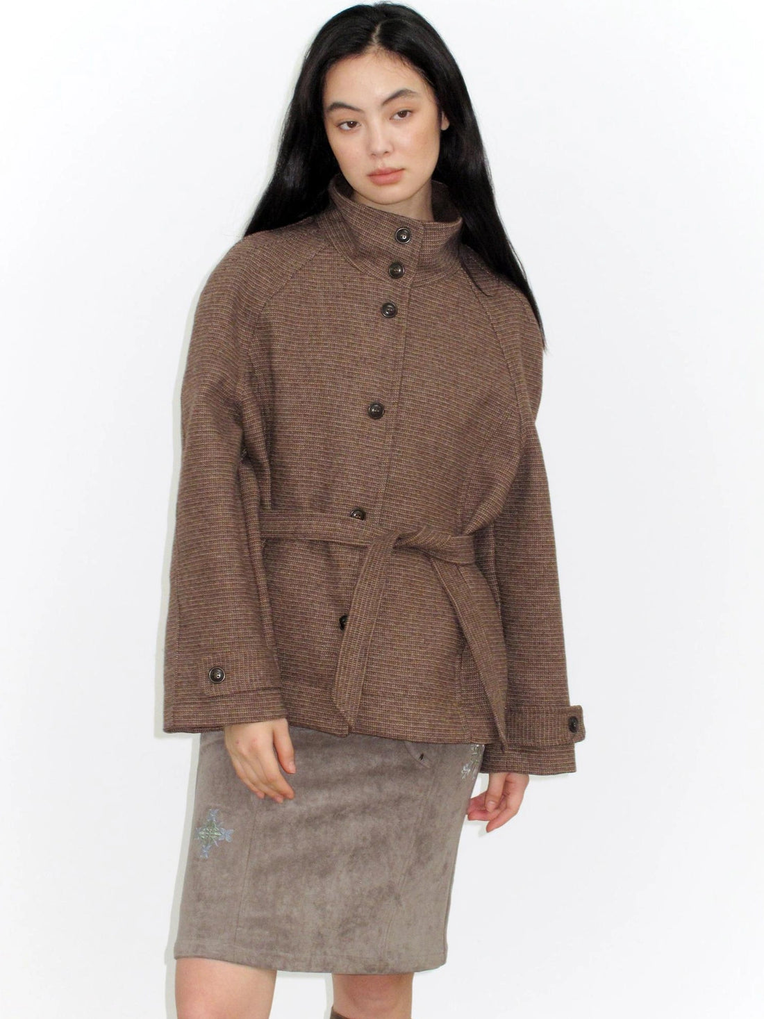Mito de dar Brown Stand Collar Plaid Wool Blend Coat