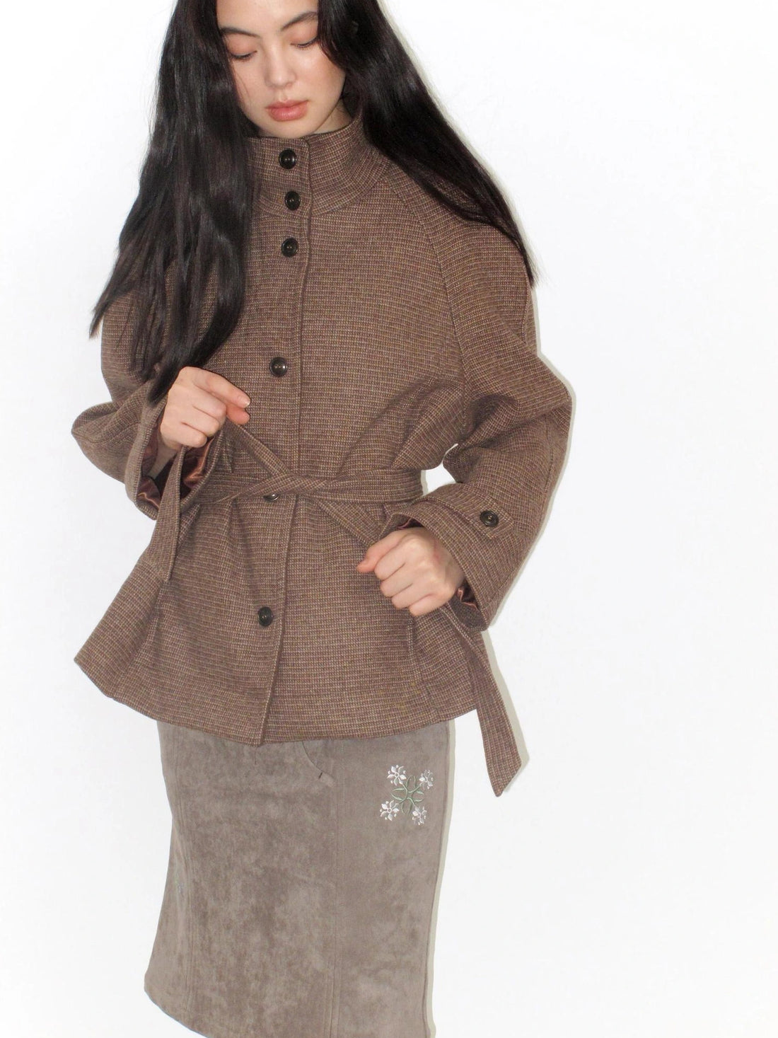 Mito de dar Brown Stand Collar Plaid Wool Blend Coat