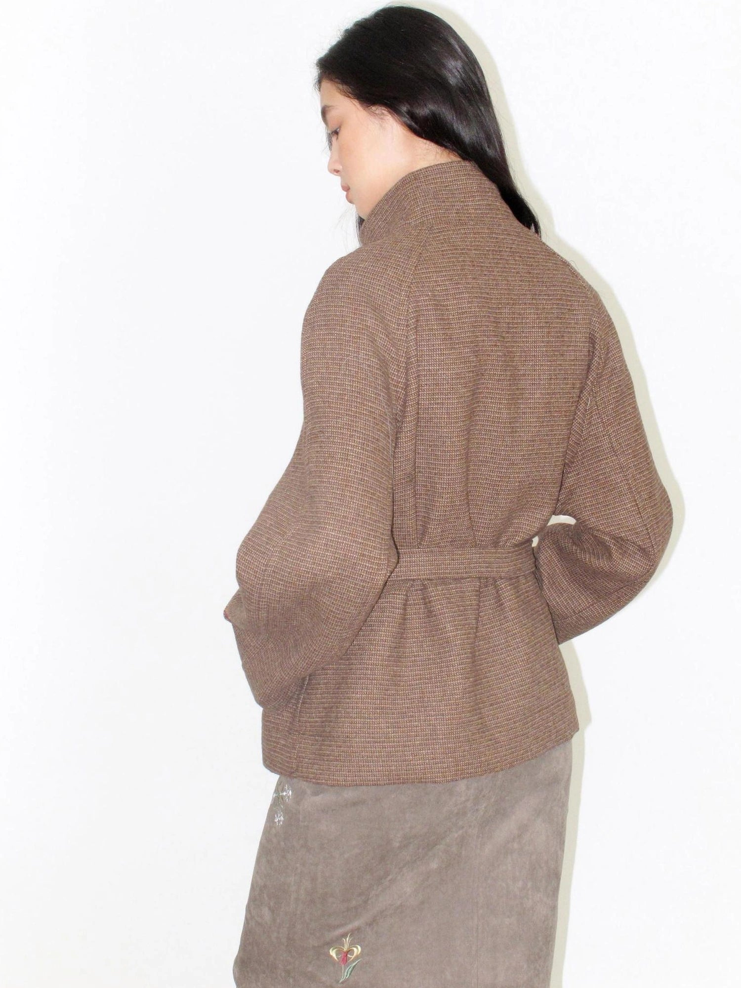 Mito de dar Brown Stand Collar Plaid Wool Blend Coat