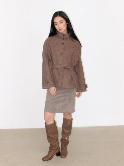 Mito de dar Brown Stand Collar Plaid Wool Blend Coat