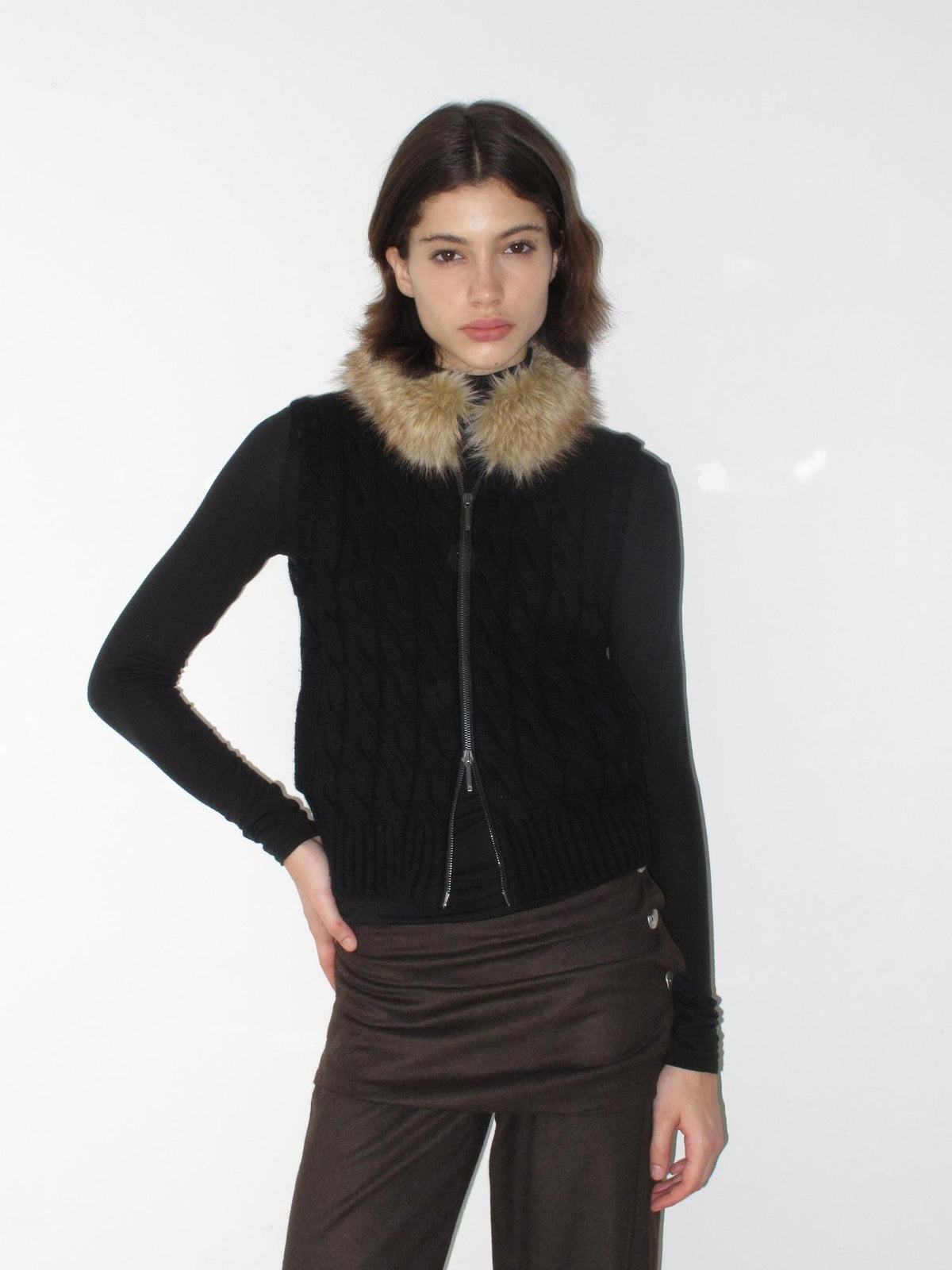 Mito de dar Cable Knit Spliced Zip Up Wool Blend Women&