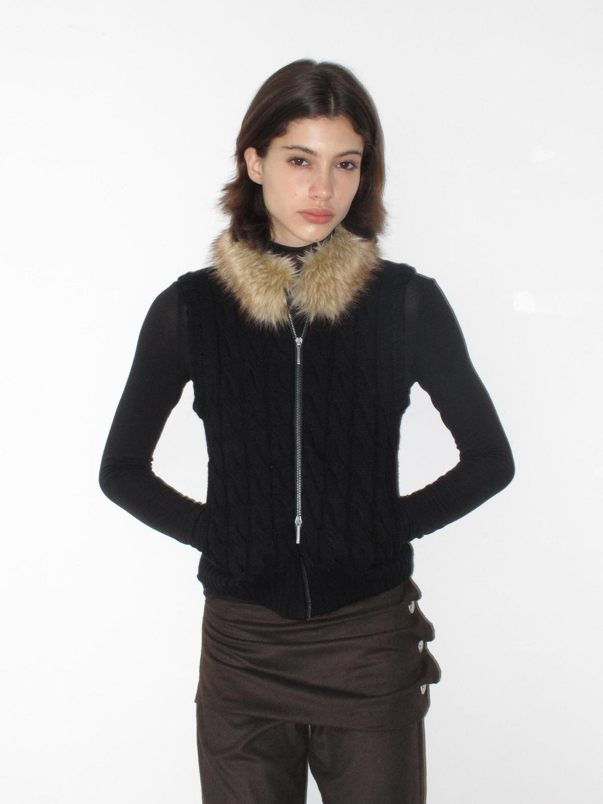 Mito de dar Cable Knit Spliced Zip Up Wool Blend Women&