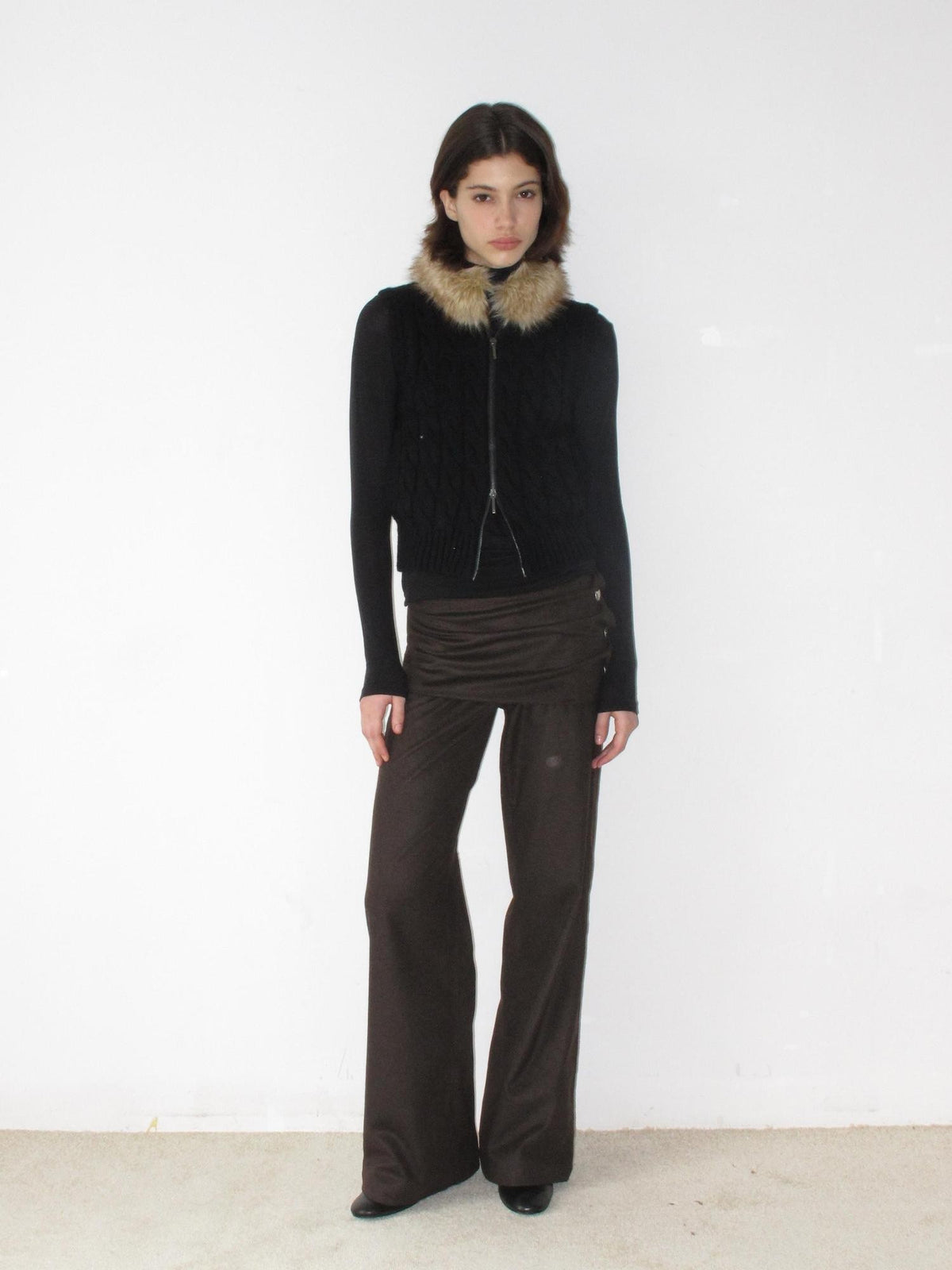 Mito de dar Cable Knit Spliced Zip Up Wool Blend Women&