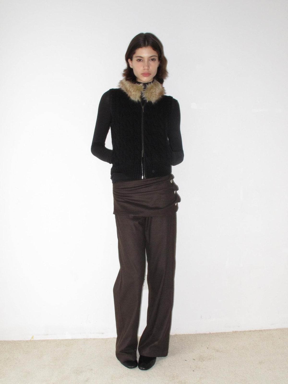 Mito de dar Cable Knit Spliced Zip Up Wool Blend Women&