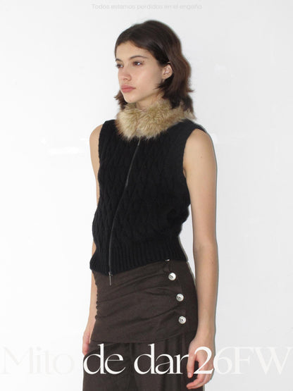 Mito de dar Cable Knit Spliced Zip Up Wool Blend Women&