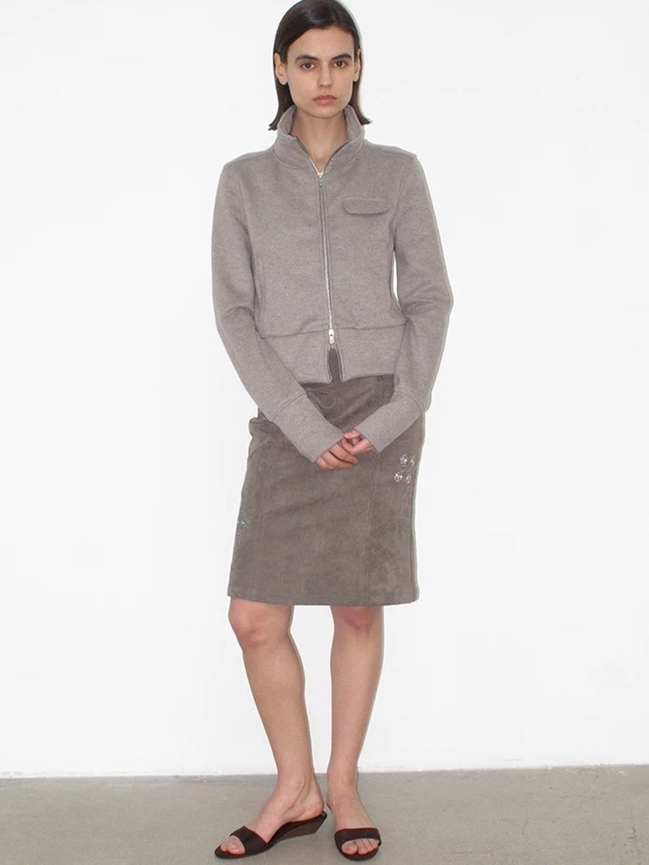 Mito de dar Cashmere Blend Slim Zip Stand Collar Casual Women Heather Gray Striped Jacket