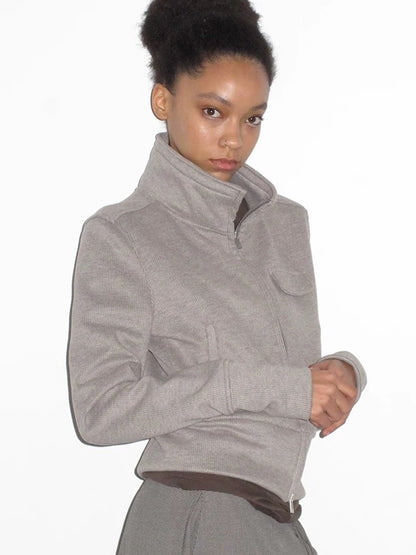 Mito de dar Cashmere Blend Slim Zip Stand Collar Casual Women Heather Gray Striped Jacket