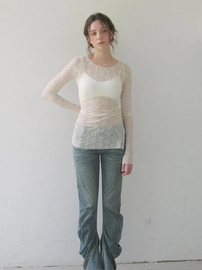 Mito de dar Elastic Hollow Lace Side Slit Knit Tee