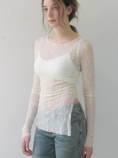 Mito de dar Elastic Hollow Lace Side Slit Knit Tee