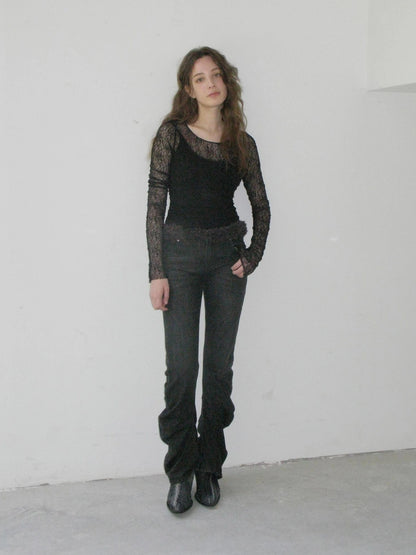Mito de dar Elastic Hollow Lace Side Slit Knit Tee