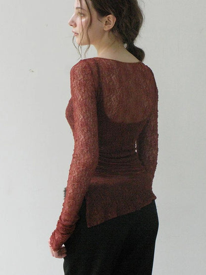 Mito de dar Elastic Hollow Lace Side Slit Knit Tee