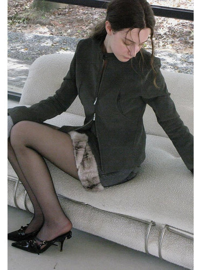 Mito de dar Foggy Grey Dual Zip Cropped Slim Fit Stand Collar Women&