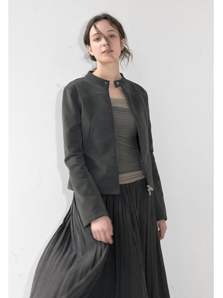 Mito de dar Foggy Grey Dual Zip Cropped Slim Fit Stand Collar Women&