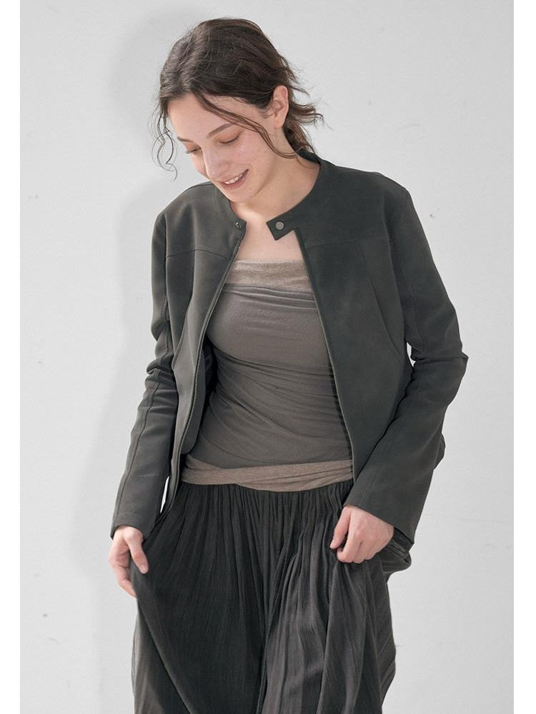 Mito de dar Foggy Grey Dual Zip Cropped Slim Fit Stand Collar Women&