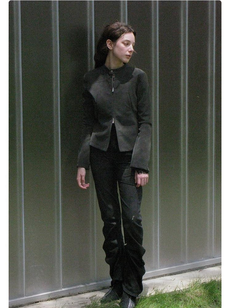 Mito de dar Foggy Grey Dual Zip Cropped Slim Fit Stand Collar Women&