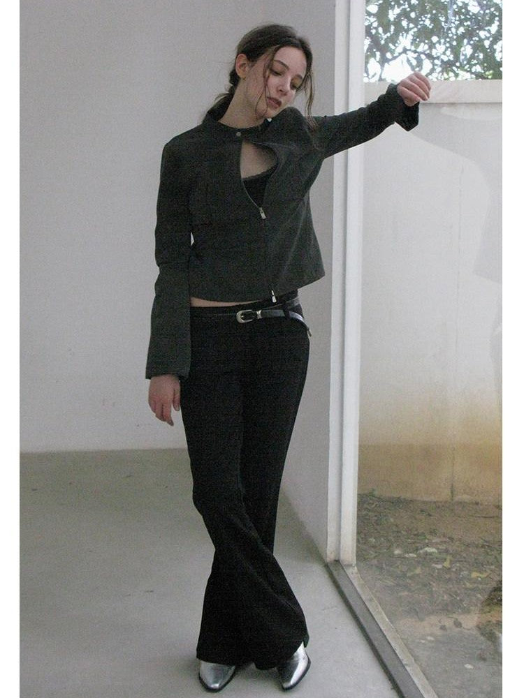 Mito de dar Foggy Grey Dual Zip Cropped Slim Fit Stand Collar Women&