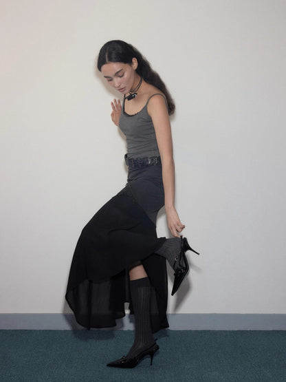 Geometric Lace Trim Slant Hem Chiffon Skirt