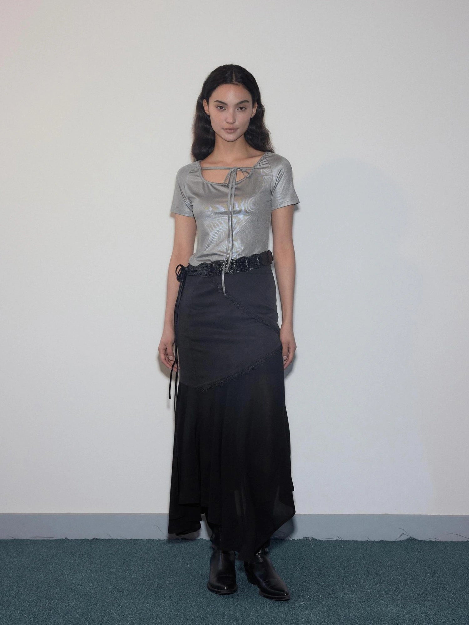 Geometric Lace Trim Slant Hem Chiffon Skirt