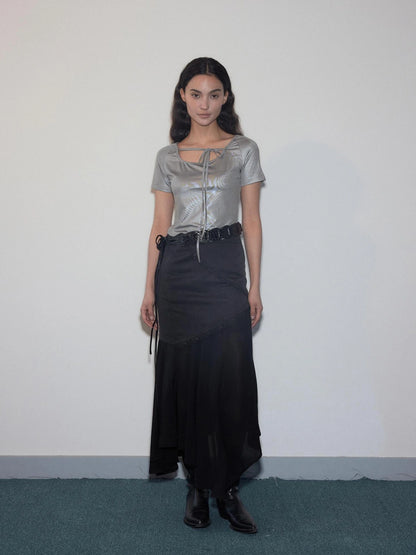 Geometric Lace Trim Slant Hem Chiffon Skirt