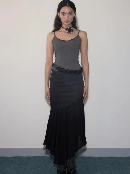 Geometric Lace Trim Slant Hem Chiffon Skirt