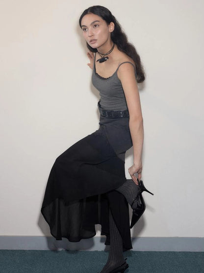 Geometric Lace Trim Slant Hem Chiffon Skirt