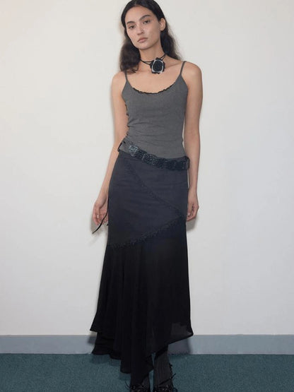 Geometric Lace Trim Slant Hem Chiffon Skirt