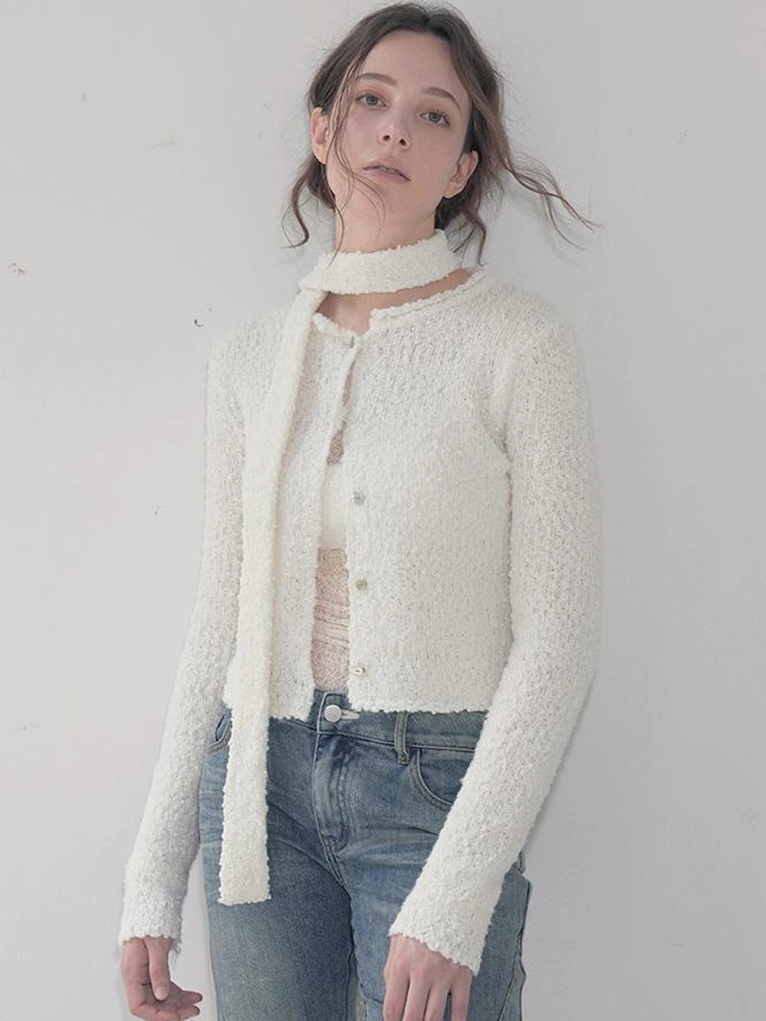 Mito de dar Granular Wool Knit Cardigan With Shell Buttons