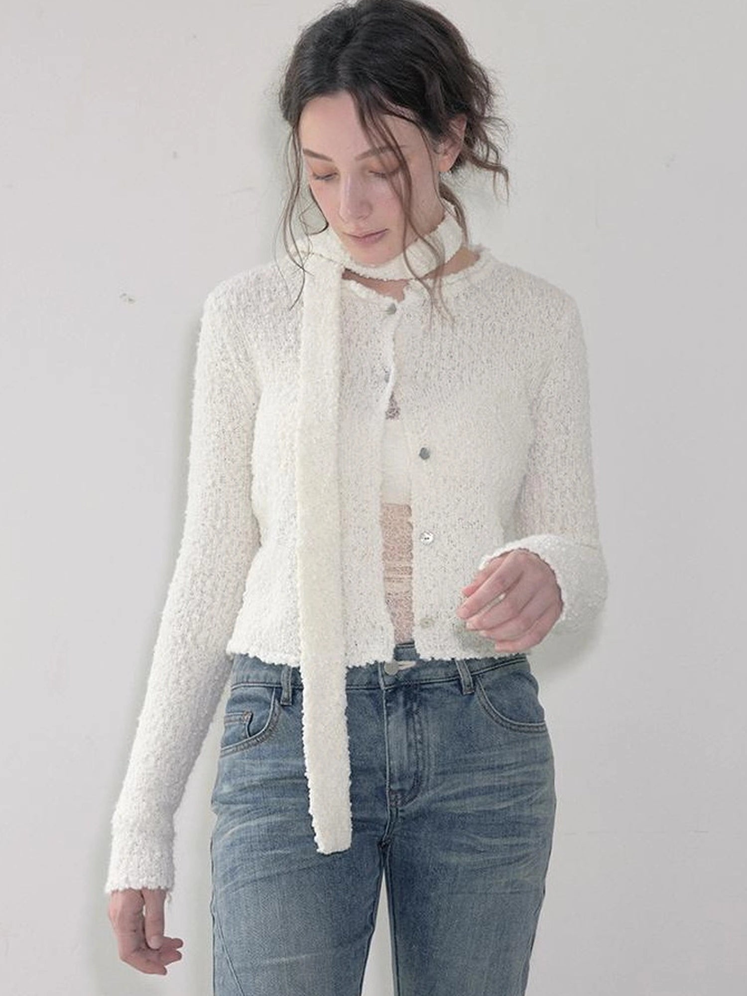 Mito de dar Granular Wool Knit Cardigan With Shell Buttons