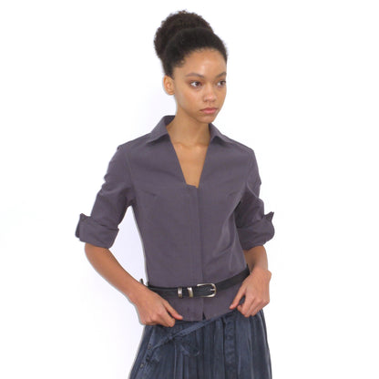 Mito_de_dar_Grey_Blue_Hidden_Placket_V-neck_Fitted_Short_Sleeve_Women&