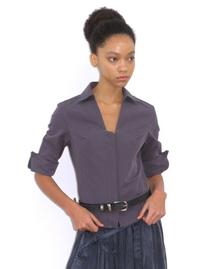 Mito de dar Grey Blue Hidden Placket V-neck Fitted Short Sleeve Women&
