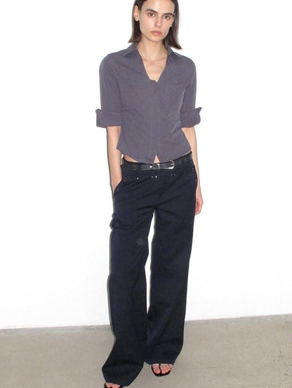 Mito de dar Grey Blue Hidden Placket V-neck Fitted Short Sleeve Women&