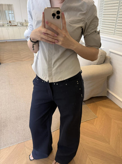 Mito de dar Grey Blue Hidden Placket V-neck Fitted Short Sleeve Women&
