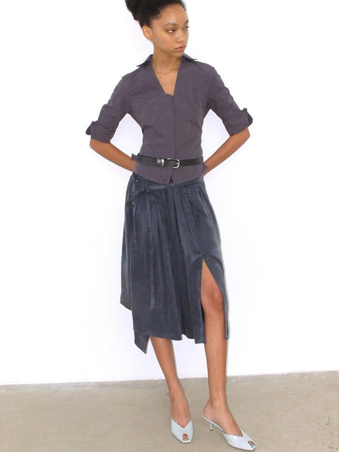 Mito de dar Grey Blue Hidden Placket V-neck Fitted Short Sleeve Women&