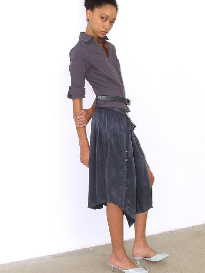 Mito de dar Grey Blue Hidden Placket V-neck Fitted Short Sleeve Women&